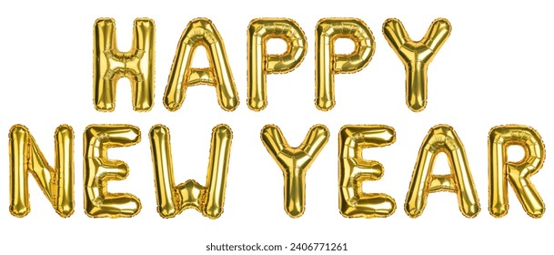 Happy New Year. Happy New Year balloons. New Year celebration. Helium balloon. Golden Yellow foil color. Good for party, greeting card, store advertising, anniversary. Isolated background