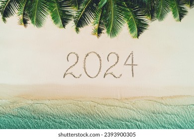 Happy new year beach concept, 2024 written on the sand. Summer holiday on tropical island. Palm trees and sea waves. - Shutterstock ID 2393900305