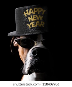 Happy New Year Boxer Dog Wearing Hat And Sunglasses