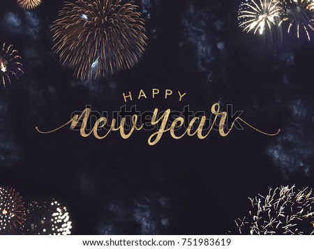 Happy New Year Celebration Text with Festive Gold Fireworks Collage in Night Sky