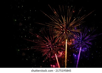 HAPPY NEW YEAR - Celebration New Year's Eve, Silvester 2023 holiday background greeting card - Colorful firework fireworks pyrotechnics on dark night sky.