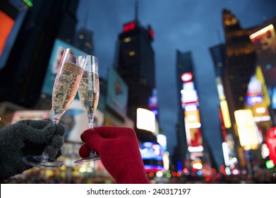 Happy New Year Champagne Toast Couple In Times Square New York City