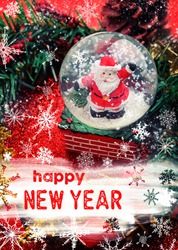 Happy New Year Greeting Card. Santa Claus In Glass Ball, Festive Winter Background. Top View