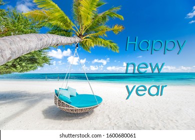 Happy New Year Letters On Sandy Beach, Exotic Summer Landscape Background. New Year Beach Concept Design. Famous Tropical Travel Destination To Celebrate New Years Eve