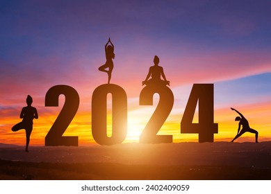 Happy New Year Numbers 2024, Silhouette woman practicing yoga early morning sunrise over the horizon background, Health and Happy new year concept.