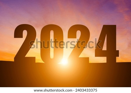 Happy New Year Numbers 2024, Silhouette the hill early morning sunrise over the horizon background, Happy new year concept.