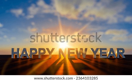 Happy new year on sunset background. Goal acheiveement and success in new year. Welcome Happy new year 2024. New Start motivation inspirational quote message