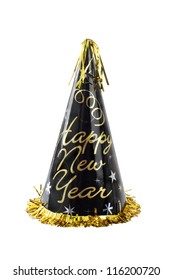 Happy New Year Party Hat, Black With Gold Lettering, Cone-shaped,  Shiny, Gold Fringe And Tassel. Vertical,, Isolated On White Background.