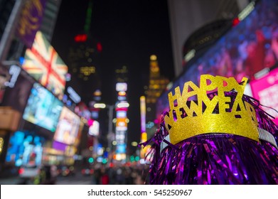 Happy New Year Party Hat Celebrating In Times Square, New York City