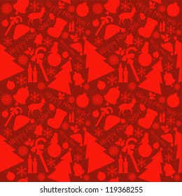 Happy New Year red pattern with ribbons, Santa`s hat, snowman, candles, snowflakes, deer, tree, balls, stars.