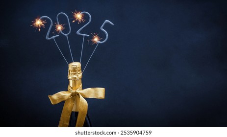 HAPPY NEW YEAR Silvester Sylvester New Year's eve greeting card - Gold champagne bottle with ribbon and sparkling sparklers with year number 2025 , isolated on blue background - Powered by Shutterstock