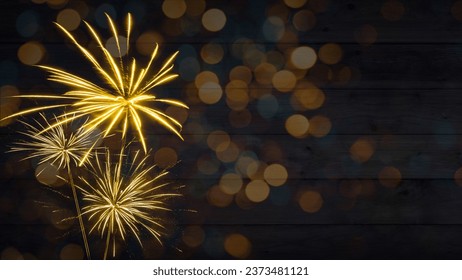 HAPPY NEW YEAR - Sylvester, New Year's Eve 2024 Party, New year, Firework celebration background - Golden fireworks and bokeh lights on dark rustic wooden wall texture in the night.