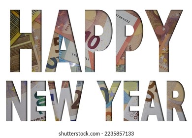 Happy New Year word with money. Paper currency background with different banknotes. - Shutterstock ID 2235857133
