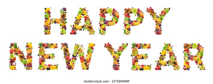 Happy New Year Written With Fresh Food Ingredients, Holiday Inscription Made Of Fresh Fruits And Berries. Healthy Diet Concept Isolated On White Background