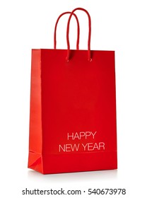 Happy New Year Written On Gift Or Red Shopping Tote Bag Isolated On White Background 