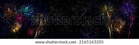 HAPPY NEW YEAR - New Year's Eve,  Silvester 2023 holiday background banner panorama long greeting card - Colorful firework fireworks oon dark night sky
