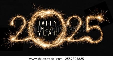 happy new year, new year's eve, silvester, new year, celebration greeting card, new year card - Year 2025 sparkler font text and firework fireworks pyrotechnic, isolated black night sky background	
