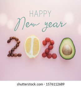 Happy New Year2020 Made From Healthy Food On Pastel Background, Healthy New Year Resolution Diet And Lifestyle