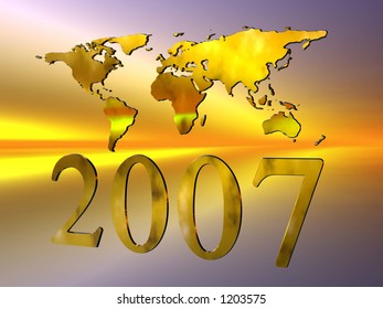 Happy New years 2007 with a world map against a colorful exploding firework sky, 3D illustration, clipping path.
