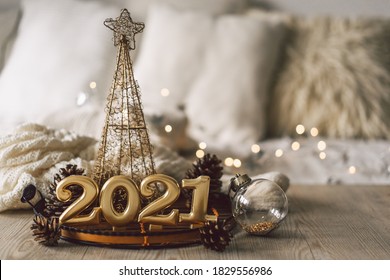 Happy New Years 2021. Christmas Background With Fir Tree, Cones And Christmas Decorations. Christmas Holiday Celebration. New Year Concept.