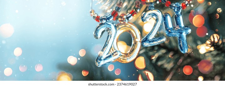 Happy New Year's 2024. Festive background with Christmas lights and snow