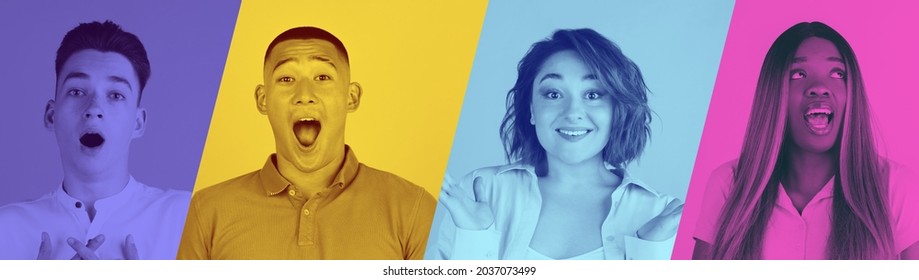 Happy news facial expression of four young beautiful people. Men and women isolated over multicolored background. Youth culture. Duotone effect. Concept of emotions, feelings, facial expression, ad