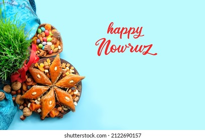 Happy Nowruz Greeting Card. Arabic Dessert Baklava, Sweets, Nuts, Dry Fruits, Green Wheat Grass On Blue Background. Traditional Celebration Of Spring Equinox In March, Nowruz Holiday. Top View