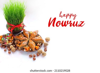 Happy Nowruz greeting card. festive table. green wheat grass with red ribbon, arabic dessert baklava, sweets, nuts, dry fruits. Traditional celebration of spring equinox in March