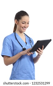 Happy Nurse Working Online With A Tablet Isolated On White Background