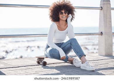 Happy, ocean and portrait of woman with skateboard for weekend, holiday and vacation in trendy style. Fashion, laugh and person in sunglasses skateboarding for activity, fun and adventure by seaside - Powered by Shutterstock