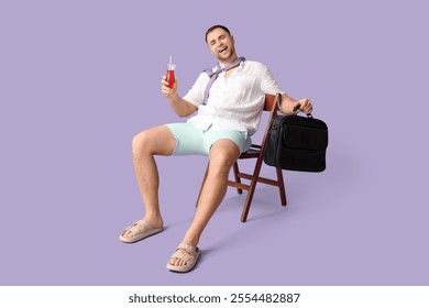 Happy office worker with cocktail and briefcase sitting on chair against lilac background - Powered by Shutterstock