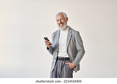 Happy Old Business Man, Smiling Senior Older Businessman Professional Wearing Suit Holding Cell Phone Using Smartphone Mobile App Online Standing Isolated On White Background Looking At Camera.