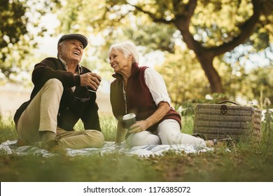 Happy old couple sitting on blanket at the park having coffee and sharing few precious memories. Old couple together on a picnic at park. - Powered by Shutterstock