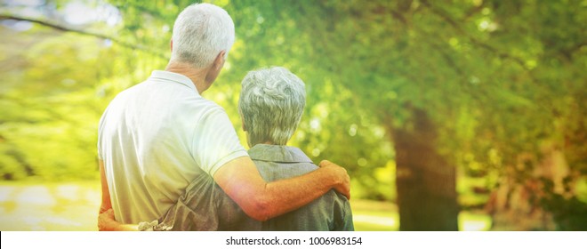 Happy Old Couple Smiling In A Park On A Sunny Day 