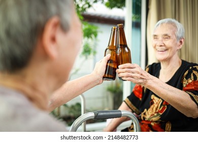 Happy Old Elderly People Celebrating And Clinking With Bottles Of Beer,cheers Celebrate,senior Woman Drinking Beer With Friend Having Fun Enjoying With Alcoholic Beverages,healthy Drinking,health Care