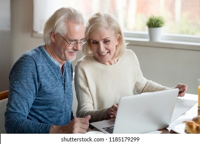 Happy Old Family Couple Talking Using Laptop Having Breakfast Together, Surprised Excited Senior Woman Looking At Computer Screen Showing Smiling Middle Aged Husband Online Shopping Sale On Web Site