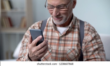 Happy Old Man Holding Phone, Learning Modern Technologies, Easy App For Elderly