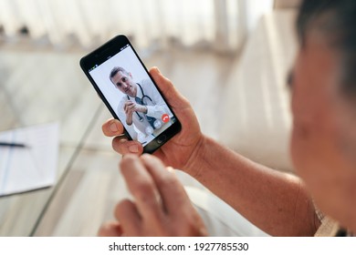 Happy Old Man Meet His Doctor Via Video Call By Smart Phone At Home, While Covid-19 Out Break.