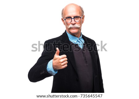 Happy old man senior thumbs up isolated on white background