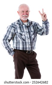 Happy Old Man Showing Two Fingers,victory Sign, Positive Or Peace Gesture. Isolated