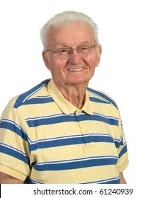 Happy Old Man Smiling. Shot Against A White Background