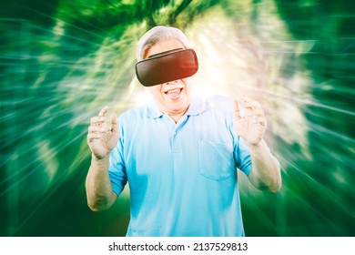 Happy old man wearing VR goggles while playing games in the metaverse with virtual screen background