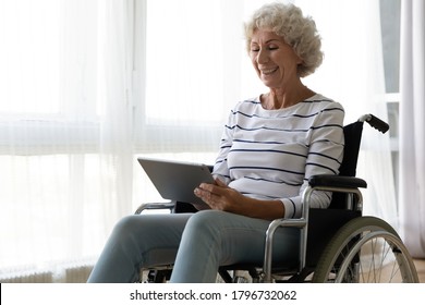 Happy old mature disabled woman sitting in invalid carriage, using computer tablet, enjoying communicating with friends online, watching funny movie or TV series indoors, handicapped people lifestyle. - Powered by Shutterstock