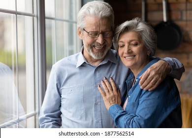 Happy old mature hoary man in eyeglasses cuddling smiling beautiful middle aged wife, daydreaming together at home near window. Loving older senior family couple enjoying tender sweet moment indoors.