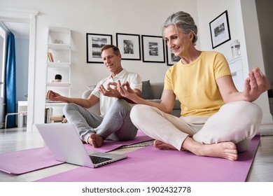 Happy old middle aged senior 50s couple learning to meditate at home watching live online tv yoga class tutorial on website looking at laptop computer doing virtual training fitness workout exercises.