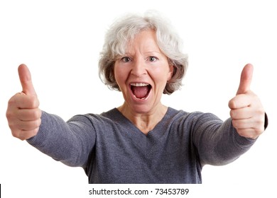 Happy Old Senior Woman Holding Both Thumbs Up