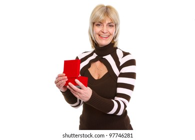 Happy Old Woman Opening Present Box