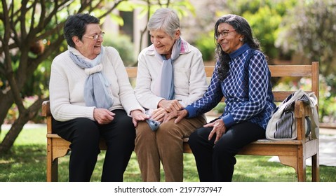 Happy Old Women Sitting On Bench In Park Smiling Happy Life Long Friends Enjoying Retirement Together