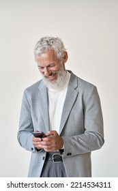 Happy Older Business Man, Smiling Senior Middle Aged Old Businessman Professional Wearing Suit Holding Cell Phone Using Smartphone Mobile App Online Standing Isolated On White Background. Vertical