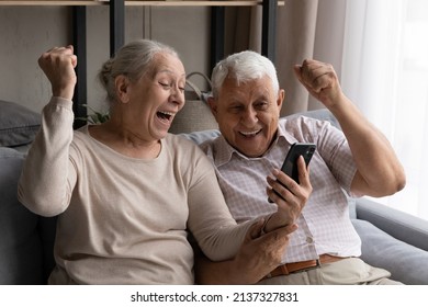 Happy older couple sit on couch staring at cellphone screen gesturing looking overjoyed, scream with joy, read fantastic news, get great commercial offer, pension raise. Success, achievement concept - Shutterstock ID 2137327831